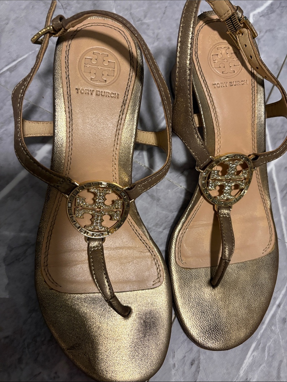 Tory Burch Metallic Gold Logo Thong Sandals with Ankle Strap and Medallion